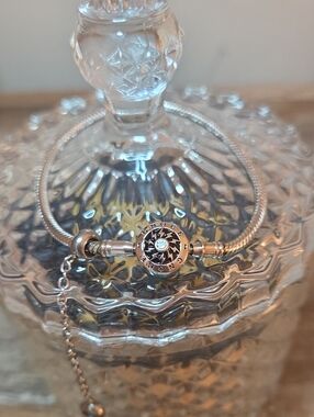 Sterling Silver Charm Bracelet with Pavé Crystal Accent - Silver